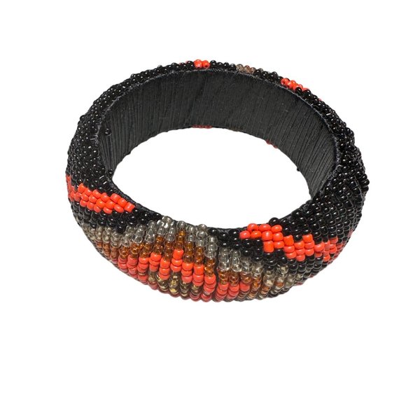 Aztec Pattern Black and Orange Beaded Bangle Statement Bracelet - Picture 3 of 8